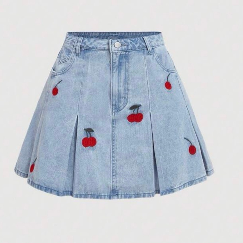 SHEIN Light Blue Cherry Embroidered Skirt
